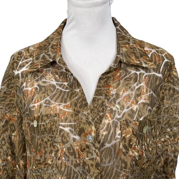 Hearts of Palm Blouse Size 14 Animal Print Semi-Sheer Collared Button-Down NEW - Picture 2 of 13